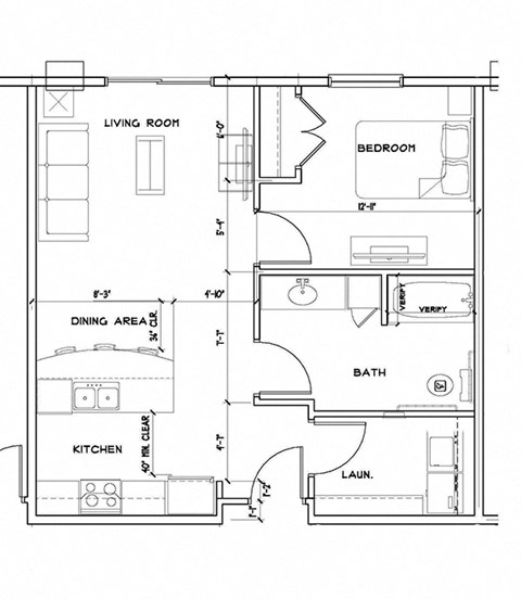 Floor plan for 1 bed, 1 bath, 681 sqft